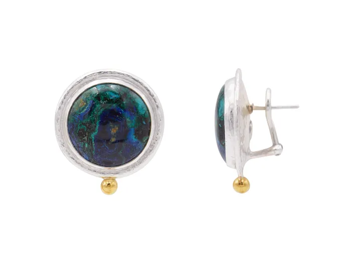 Earrings GG SILVER CLR GURHAN Galapagos Sterling Silver Azurite Stud Earrings 20mm Round Set in Wide Frame Gold Accents Earrings GG SILVER CLR GURHAN Galapagos Sterling Silver Azurite Stud Earrings 20mm Round Set in Wide Frame Gold Accents