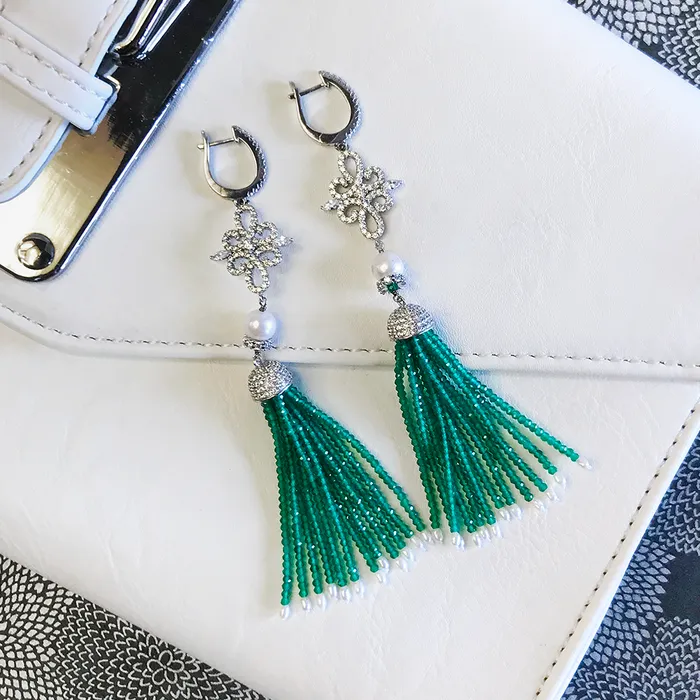 Elisa Ilana Earrings Emerald CZ Tassel Earrings210824