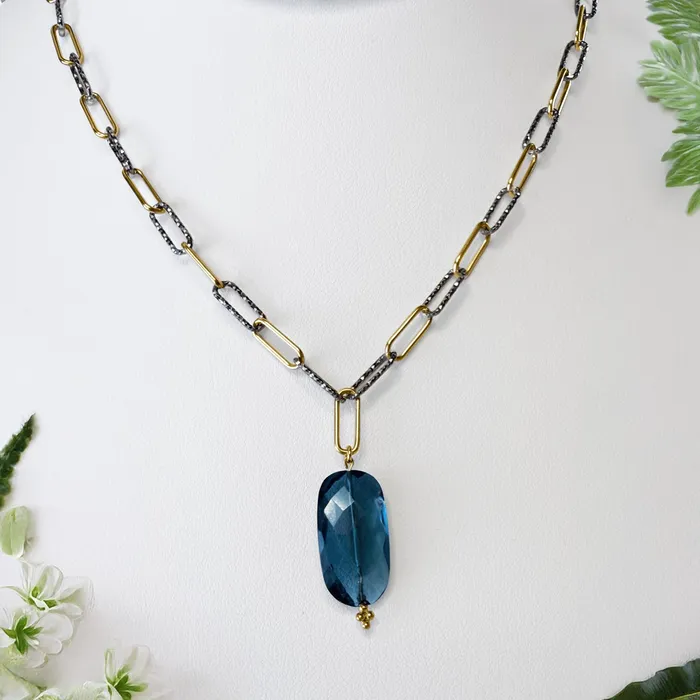 Elisa Ilana Necklaces Black Rhodium DiamondCut 14KTGF Smooth Paperclip Necklace with London Blue Topaz Elisa Ilana Necklaces Black Rhodium DiamondCut 14KTGF Smooth Paperclip Necklace with London Blue Topaz