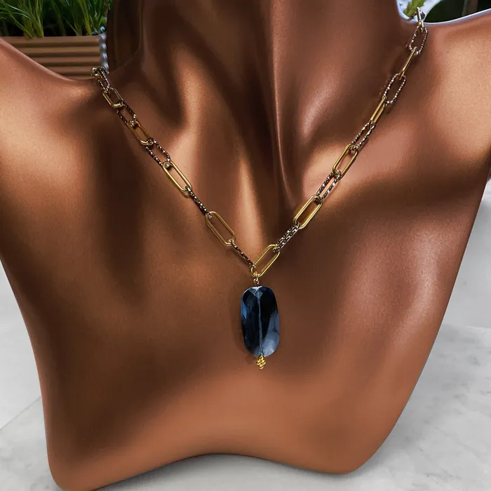 Elisa Ilana Necklaces Black Rhodium DiamondCut 14KTGF Smooth Paperclip Necklace with London Blue Topaz Elisa Ilana Necklaces Black Rhodium DiamondCut 14KTGF Smooth Paperclip Necklace with London Blue Topaz