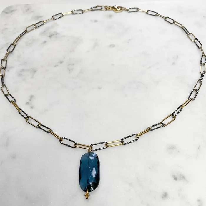 Elisa Ilana Necklaces Black Rhodium DiamondCut 14KTGF Smooth Paperclip Necklace with London Blue Topaz Elisa Ilana Necklaces Black Rhodium DiamondCut 14KTGF Smooth Paperclip Necklace with London Blue Topaz