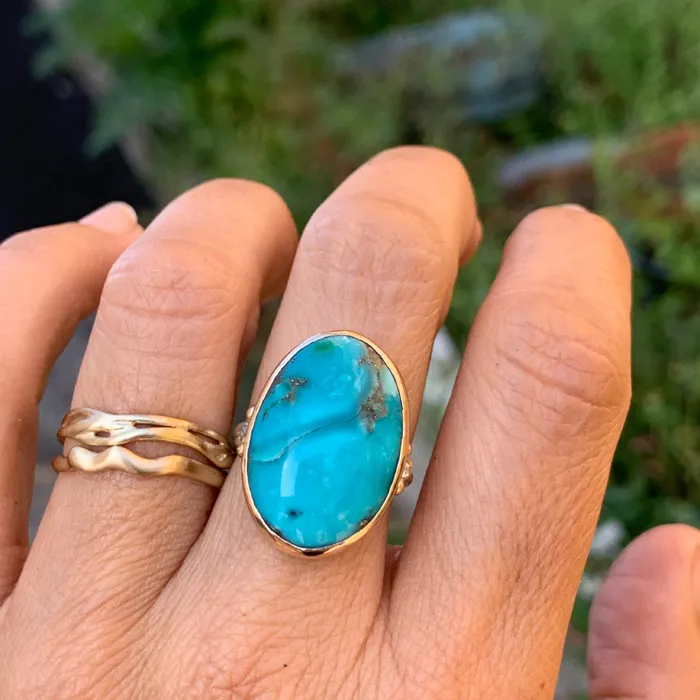 Emily Amey Jewelry Rings Turquoise ring with Salt and pepper diamonds in 14k gold and sterling silver