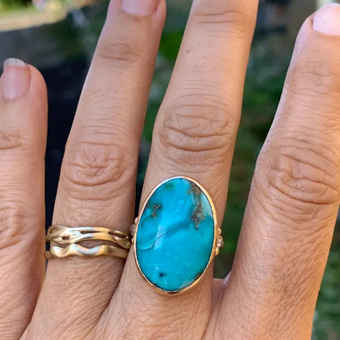 Emily Amey Jewelry Rings Turquoise ring with Salt and pepper diamonds in 14k gold and sterling silver