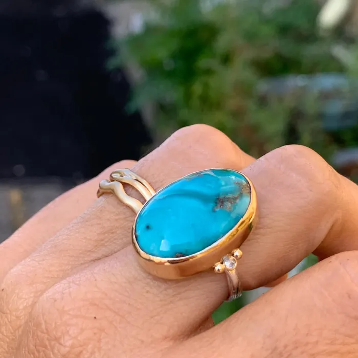 Emily Amey Jewelry Rings Turquoise ring with Salt and pepper diamonds in 14k gold and sterling silver