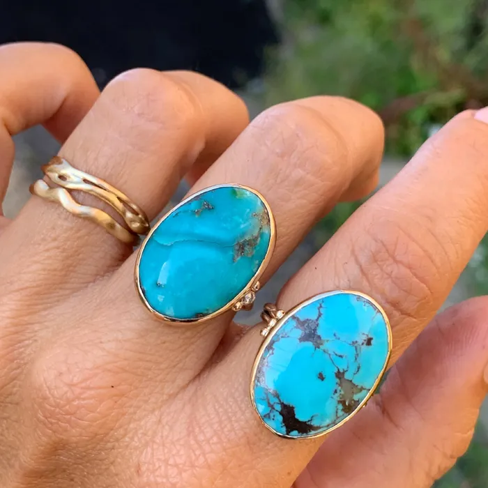 Emily Amey Jewelry Rings Turquoise ring with Salt and pepper diamonds in 14k gold and sterling silver