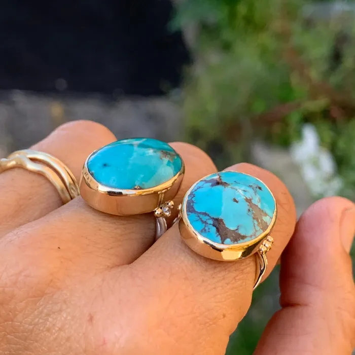Emily Amey Jewelry Rings Turquoise ring with Salt and pepper diamonds in 14k gold and sterling silver