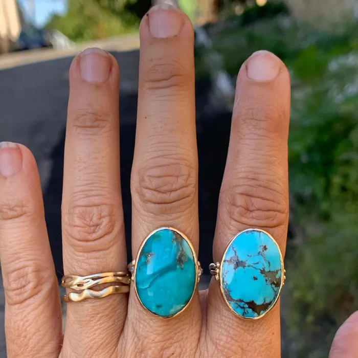 Emily Amey Jewelry Rings Turquoise ring with Salt and pepper diamonds in 14k gold and sterling silver