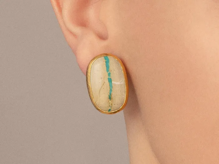 GG GOLD OOAK GURHAN Rune Gold Turquoise Stud Earrings 24x15mm Oval Earrings