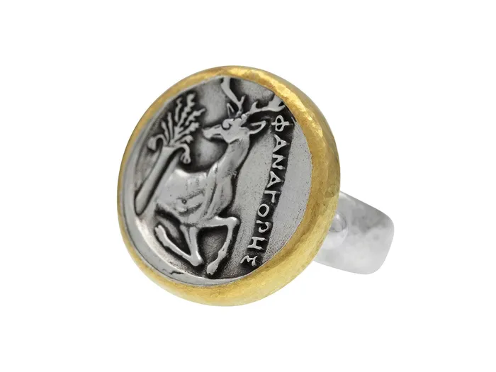GG SILVER TRAD GURHAN Coin Sterling Silver Cocktail Ring Stag Design Gold Accents Rings GG SILVER TRAD GURHAN Coin Sterling Silver Cocktail Ring Stag Design Gold Accents Rings