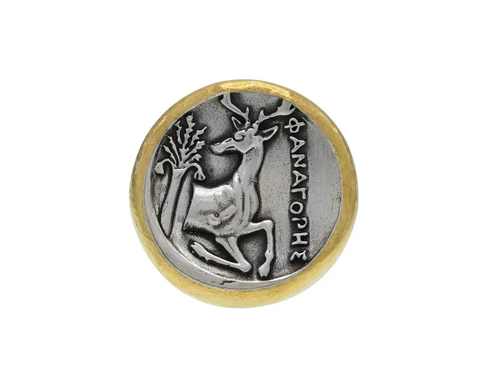 GG SILVER TRAD GURHAN Coin Sterling Silver Cocktail Ring Stag Design Gold Accents Rings GG SILVER TRAD GURHAN Coin Sterling Silver Cocktail Ring Stag Design Gold Accents Rings