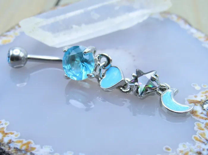 Light Blue Heart Moon Star Gemstone Belly Button Dangle Ring Siren Body Jewelry Rings Light Blue Heart Moon Star Gemstone Belly Button Dangle Ring Siren Body Jewelry Rings