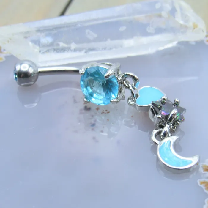Light Blue Heart Moon Star Gemstone Belly Button Dangle Ring Siren Body Jewelry Rings