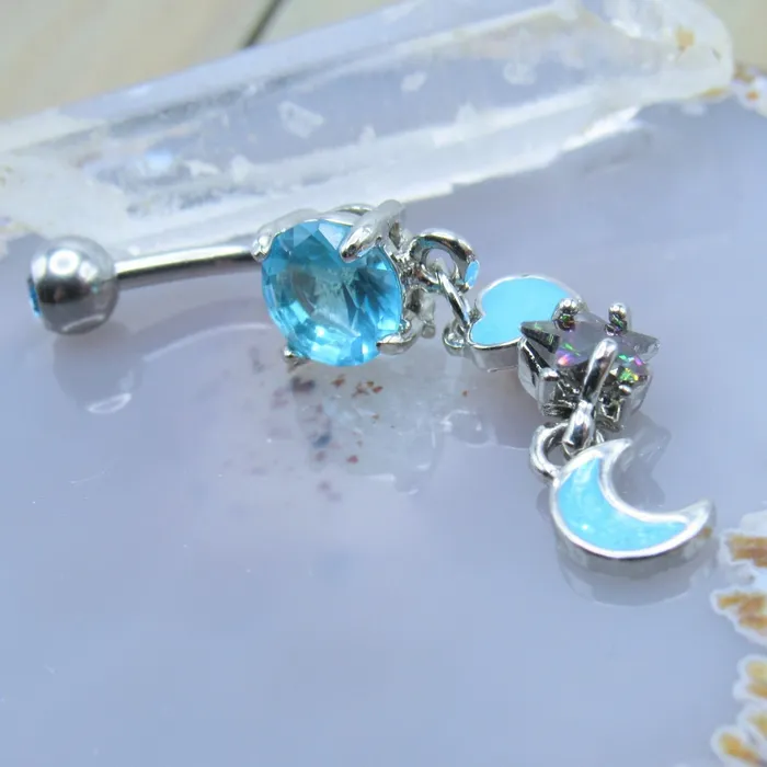 Light Blue Heart Moon Star Gemstone Belly Button Dangle Ring Siren Body Jewelry Rings