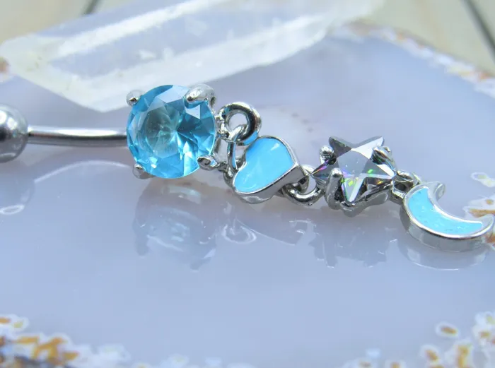 Light Blue Heart Moon Star Gemstone Belly Button Dangle Ring Siren Body Jewelry Rings