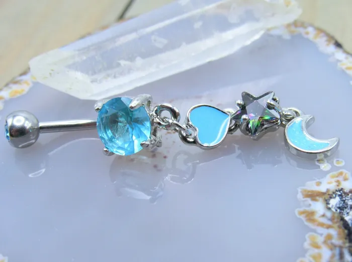 Light Blue Heart Moon Star Gemstone Belly Button Dangle Ring Siren Body Jewelry Rings