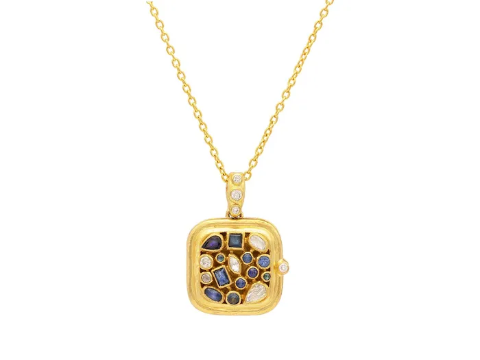 Necklaces GURHAN Locket Gold Sapphire and Diamond Pendant Necklace 23mm Square GG GOLD OOAK Necklaces GURHAN Locket Gold Sapphire and Diamond Pendant Necklace 23mm Square GG GOLD OOAK