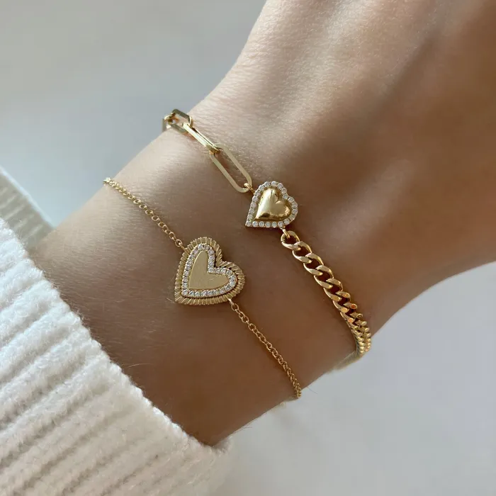 Puffy Gold Heart Diamond Half Cuban Paperclip Bracelet Alev Jewelry Bracelets