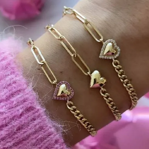 Puffy Gold Heart Diamond Half Cuban Paperclip Bracelet Alev Jewelry Bracelets