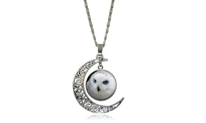 Silver Plated Moon Owl Glass Pendant Necklace sparklingselections Necklaces Silver Plated Moon Owl Glass Pendant Necklace sparklingselections Necklaces