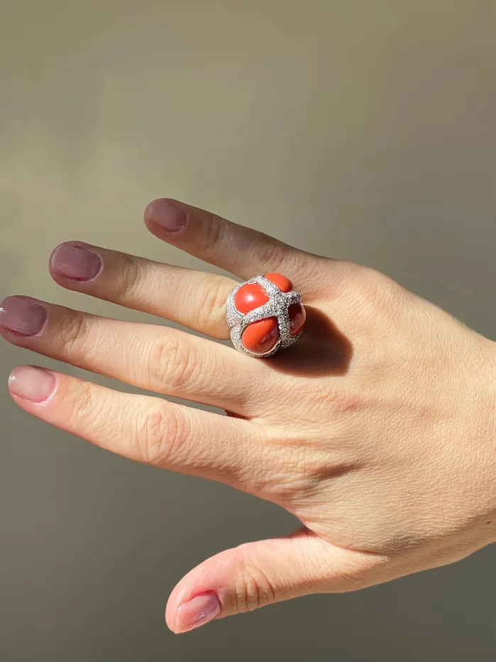 Coral Diamond Gold Dome Ring Not Signed Rings