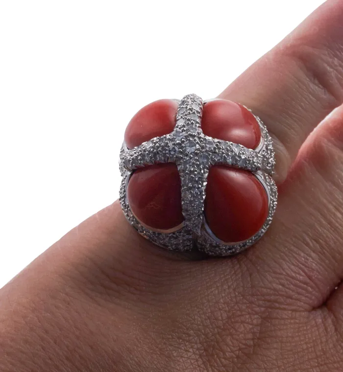 Coral Diamond Gold Dome Ring Not Signed Rings