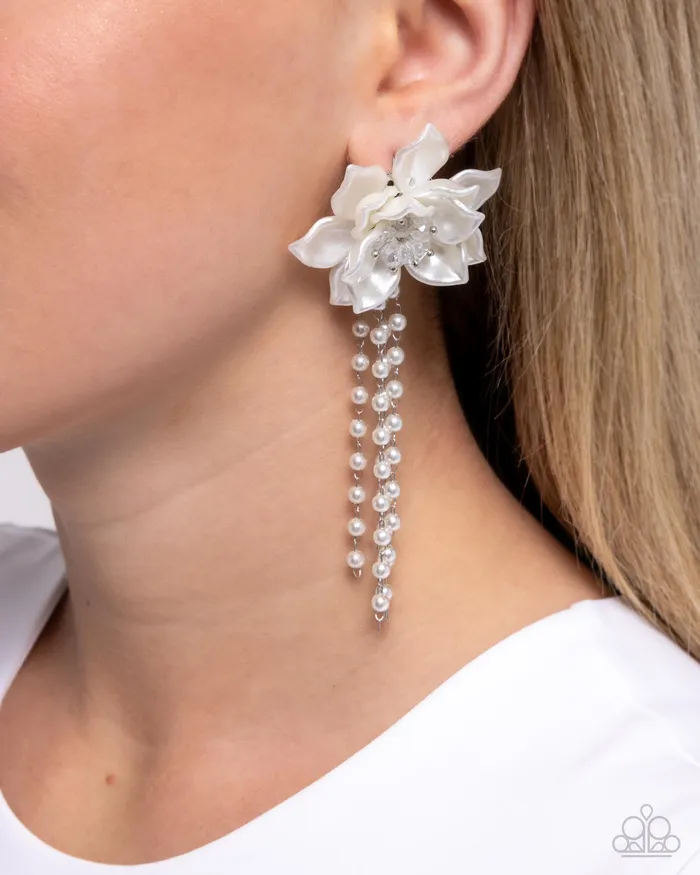 Earrings Lotus Length White Earrings Jewelry by Bretta Paparazzi Accessories