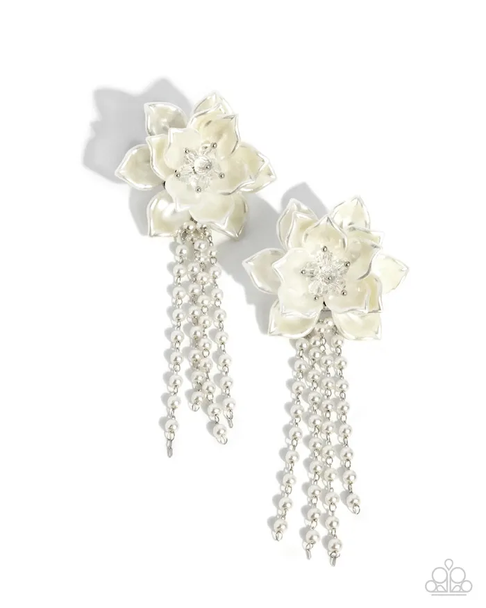 Earrings Lotus Length White Earrings Jewelry by Bretta Paparazzi Accessories