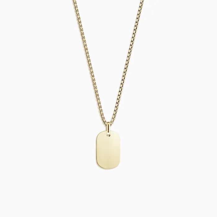 Engravable Mens Small 14k Yellow Gold FlatEdge Dog Tag Necklace with BoxLink Chain Sandy Steven Engravers Necklaces Engravable Mens Small 14k Yellow Gold FlatEdge Dog Tag Necklace with BoxLink Chain Sandy Steven Engravers Necklaces