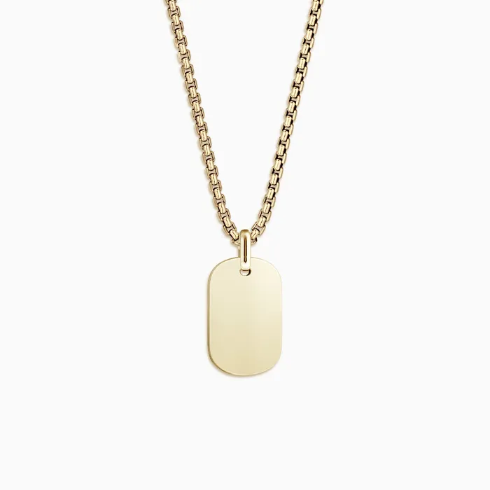 Engravable Mens Small 14k Yellow Gold FlatEdge Dog Tag Necklace with BoxLink Chain Sandy Steven Engravers Necklaces