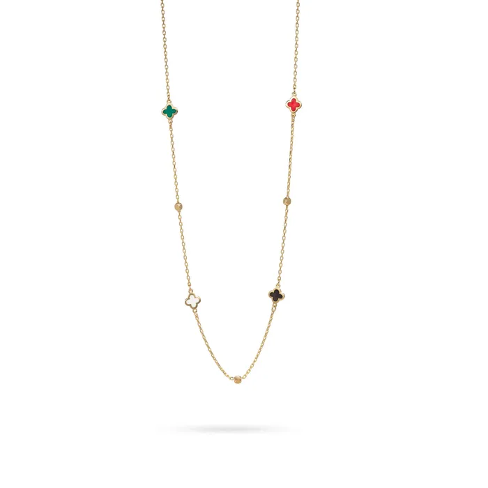 Golden necklace with clovers and light green malachite onyx and carnelian Senso Gold Shine Senso Gold Necklaces Golden necklace with clovers and light green malachite onyx and carnelian Senso Gold Shine Senso Gold Necklaces