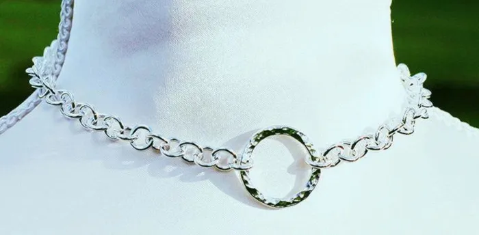 Handmade Sterling Silver BDSM Day Collar Heavy Chain Textured O Ring Adjustable Fit EROS MOON Rings