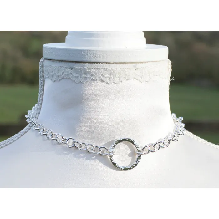 Handmade Sterling Silver BDSM Day Collar Heavy Chain Textured O Ring Adjustable Fit EROS MOON Rings
