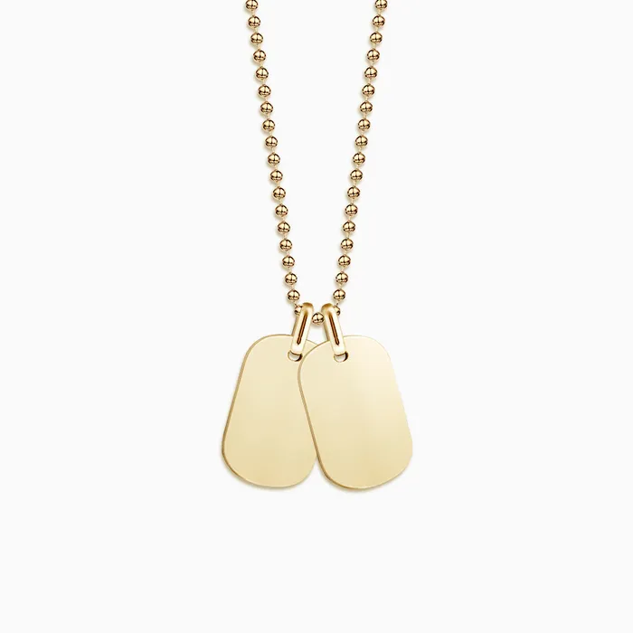 Necklaces Sandy Steven Engravers Engravable Mens Small 14k Yellow Gold FlatEdge Double Dog Tag Necklace with Ball Chain