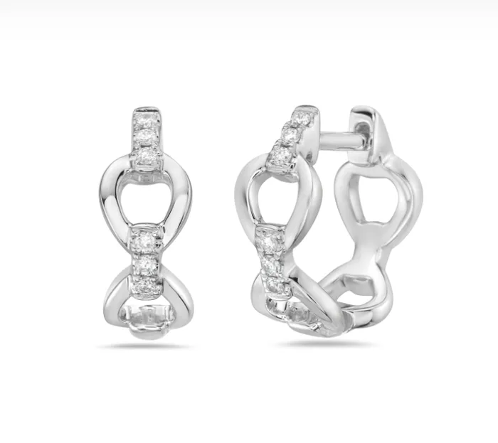 14k Gold Pave Diamond Link Huggie Hoop Earrings Bassali Earrings