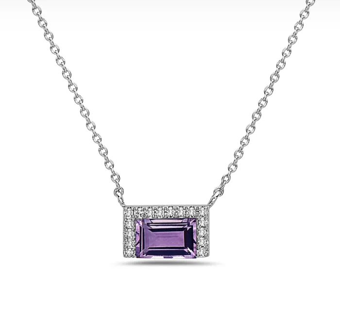 14k White Gold Amethyst Diamond Semi Halo Necklace I6548 Bassali Necklaces
