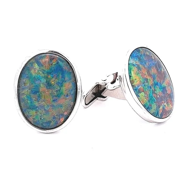 Australian Opal Cutters Rings Australian Opal Triplet Mens Cufflinks set in Sterling Silver