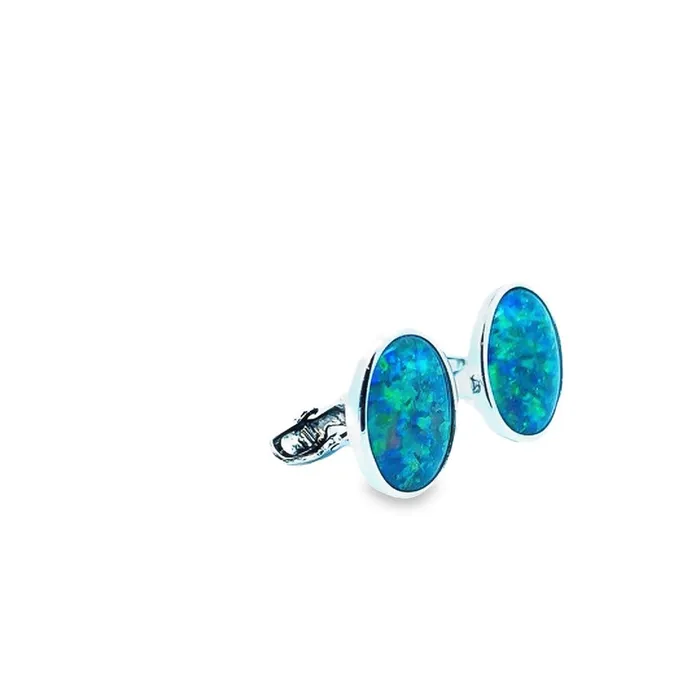 Australian Opal Cutters Rings Australian Opal Triplet Mens Cufflinks set in Sterling Silver