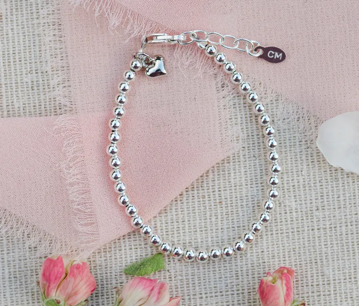 Cherished Moments Bracelets Sterling Silver Beaded Puff Heart Bracelet for Babies Girls and Women