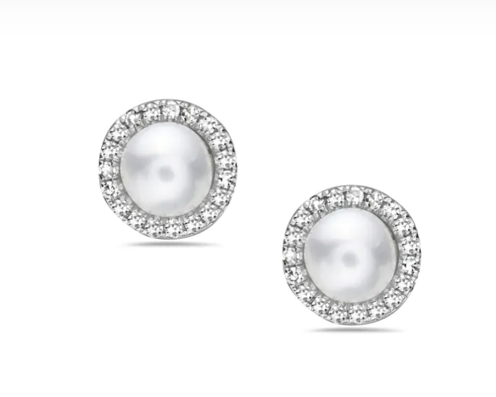 Earrings 14k White Gold Pearl Diamond Halo Stud Earrings I8544 Bassali