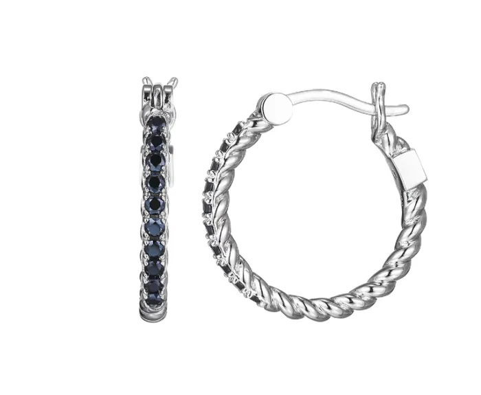 Earrings ELLE ELLE Silver Black Spinel Rope Hoop Earrings