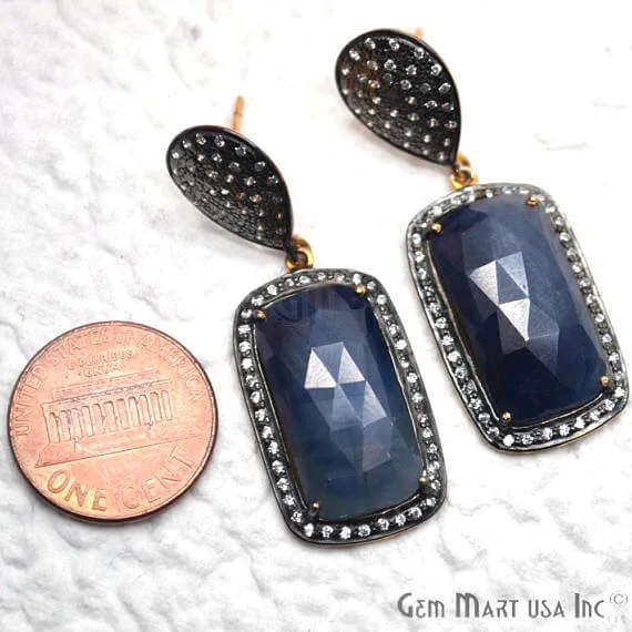 GemMartUSA Earrings Blue Sapphire With Cubic Zirconia Pave Diamond 45x16mmGold Vermeil Dangle Drop Stud Earring