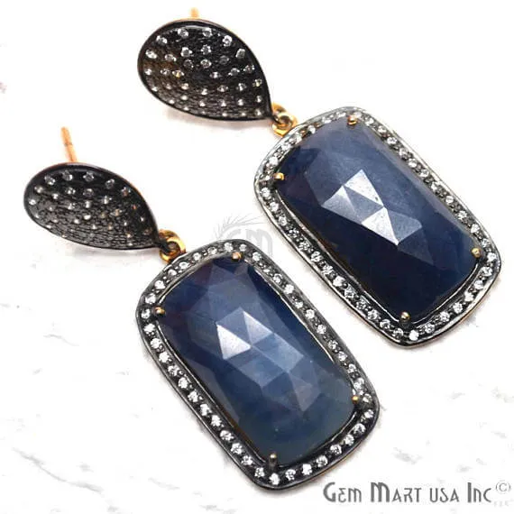 GemMartUSA Earrings Blue Sapphire With Cubic Zirconia Pave Diamond 45x16mmGold Vermeil Dangle Drop Stud Earring