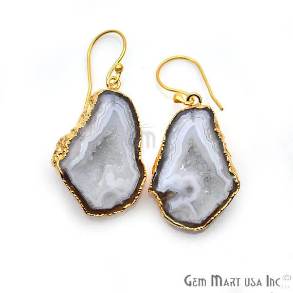 GemMartUSA Earrings White Geode Druzy Organic Shape 22x34mm Gold Electroplated Gemstone Dangle Hook Earring