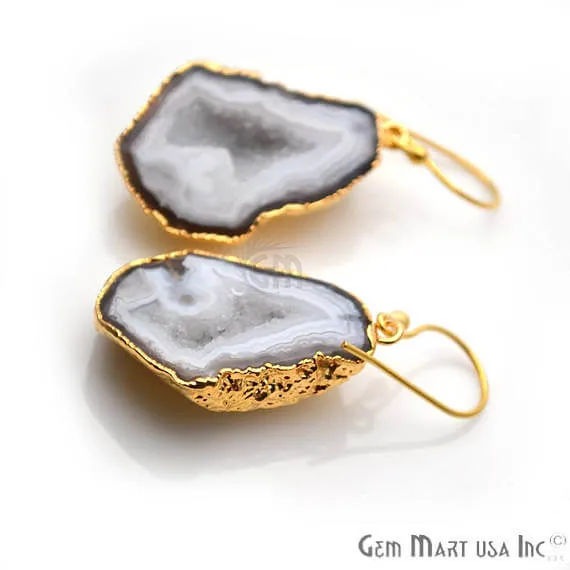GemMartUSA Earrings White Geode Druzy Organic Shape 22x34mm Gold Electroplated Gemstone Dangle Hook Earring