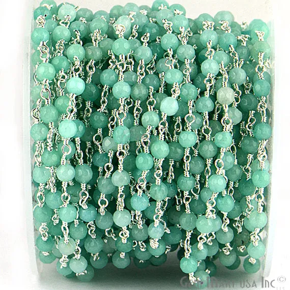 GemmartUSA Necklaces Aqua Jade Beads Silver Plated Wire Wrapped Rosary Chain GemmartUSA Necklaces Aqua Jade Beads Silver Plated Wire Wrapped Rosary Chain