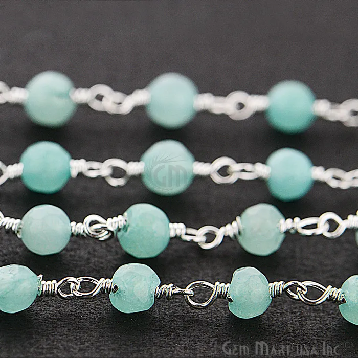 GemmartUSA Necklaces Aqua Jade Beads Silver Plated Wire Wrapped Rosary Chain GemmartUSA Necklaces Aqua Jade Beads Silver Plated Wire Wrapped Rosary Chain