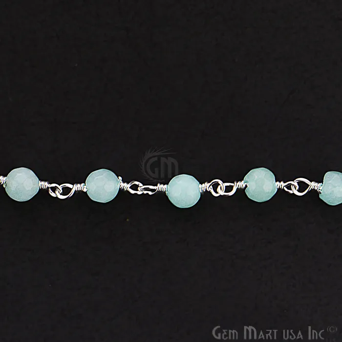 GemmartUSA Necklaces Aqua Jade Beads Silver Plated Wire Wrapped Rosary Chain GemmartUSA Necklaces Aqua Jade Beads Silver Plated Wire Wrapped Rosary Chain