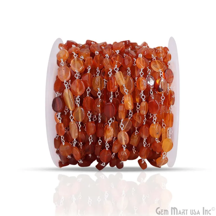GemMartUSA Necklaces Carnelian Tumbled Beads 12x5mm Silver Plated Wire Wrapped Rosary Chain GemMartUSA Necklaces Carnelian Tumbled Beads 12x5mm Silver Plated Wire Wrapped Rosary Chain