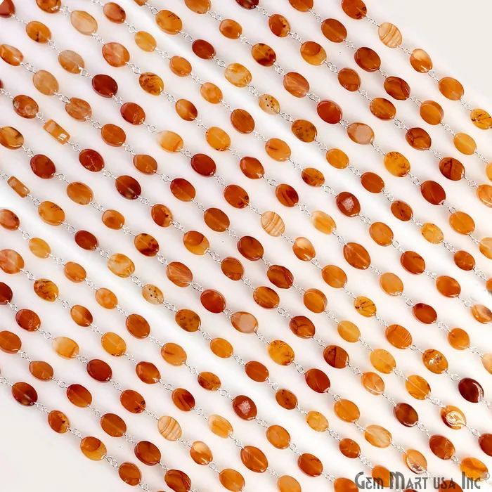 GemMartUSA Necklaces Carnelian Tumbled Beads 12x5mm Silver Plated Wire Wrapped Rosary Chain