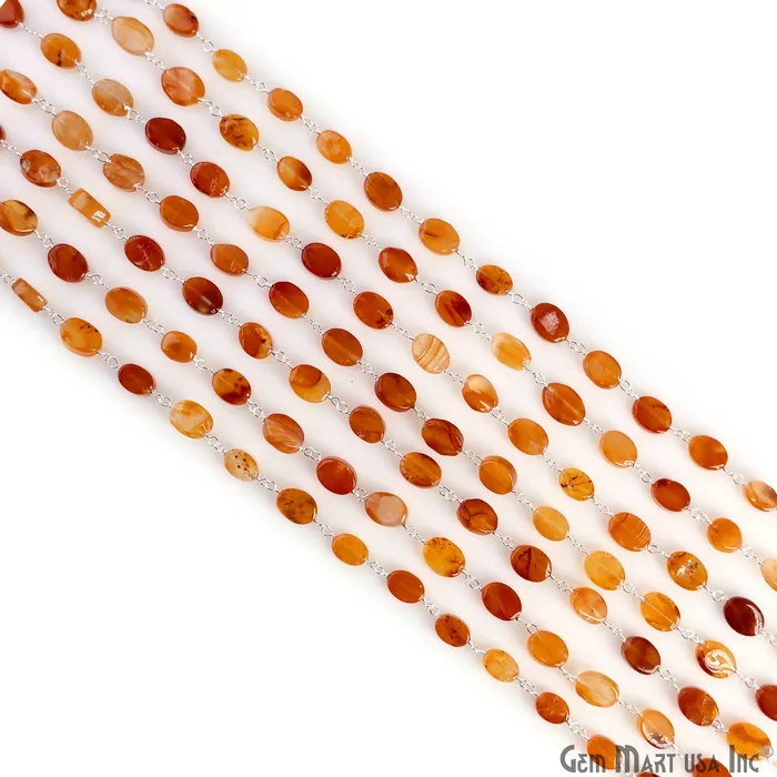 GemMartUSA Necklaces Carnelian Tumbled Beads 12x5mm Silver Plated Wire Wrapped Rosary Chain